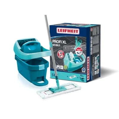 Abbildung von Leifheit Set Wischtuchpresse Profi XL mit Bodenwischer und Rollen, Putzen sauberen Händen &amp; ohne Bücken, Ergebnisse wie handgewrungen, Mikrofaser Wischbezug für Fliesen Laminat, Click System
