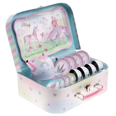 Abbildung von Jewelkeeper Kinderspiel Zinn Teeservice und Tragetasche, Kindergeschirr Spielküche, 15 teilig Party Einhorn Design