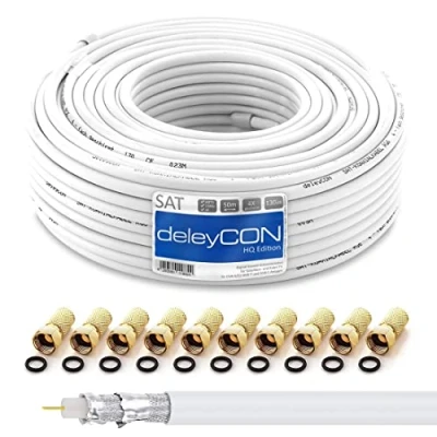 Abbildung von deleyCON HQ 50m SAT Koaxial Kabel 130dB 4 fach geschirmt für DVB S S2 T und C Stahl/Kupfer Innenleiter 4K 1080p FULL HD HDTV inkl. 10x vergoldete F Stecker