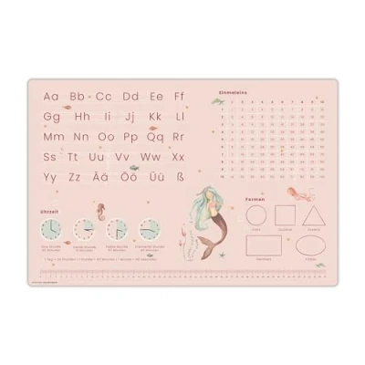 Abbildung von Schreibtischunterlage für Kinder Lernunterlage zur Einschulung in Meerjungfrau Optik ABC, 1x1, Uhrzeiten 60 x 40 cm aus abwischbarem Vinyl Made Germany