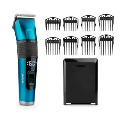 Abbildung von BaByliss Japanese Steel Digital Haarschneider E990E mit 45 Längeneinstellungen durch Drehrad und 8 Kammaufsätzen, kabellos, 160 Minuten Laufzeit, Blau, 1 Stück (1er Pack)