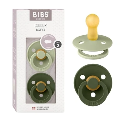 Abbildung von BIBS Colour Schnuller 2er Pack, BPA frei, Kirschform Nippel. Naturkautschuk/Latex, Hergestellt in Dänemark. Größe 2 6+ Monate Sage/Hunter Green