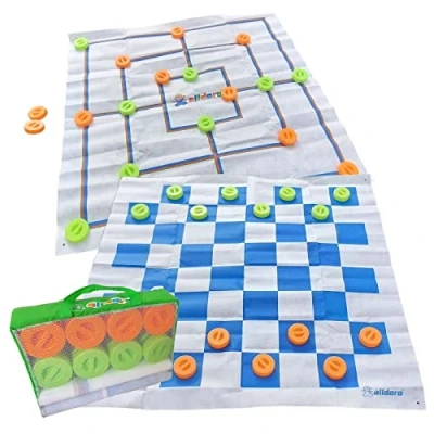 Abbildung von alldoro 60063 XXL Mühle und Dame Spiel mit Tragetasche, 2 in 1 Outdoor Brettspiel 24 Spielsteinen Griff, große Spielmatten ca. 158x158 cm, Gartenspiel für Kinder ab 3 Jahre &amp; Erwachsene