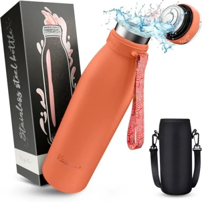 Abbildung von Vezato Trinkflasche Edelstahl BPA freie Isolierflasche 1000 ml Auslaufsichere Wasserflasche mit doppelter Isolierung Thermosflasche spülmaschinenfest Für Kohlensäure geeignet Nachhaltig