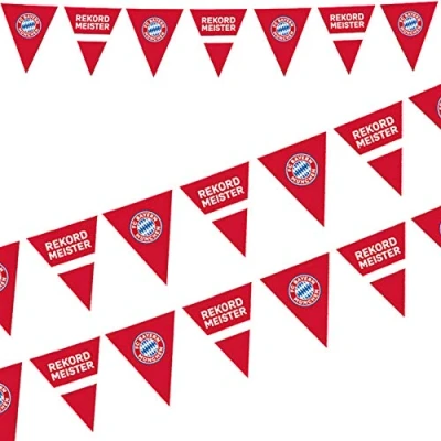 Abbildung von Amscan 9906516 FC Bayern München Wimpelkette, Größe 400 x 19,5 cm, aus Plastik, Girlande für Fan oder Fußballparty, Hängedekoration, Dekoration, Rekordmeister