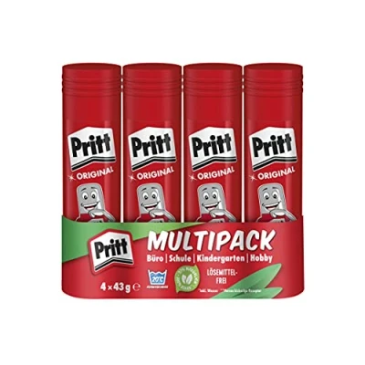Abbildung von Pritt Klebestift, sicherer und kinderfreundlicher Kleber für Kunst Bastelarbeiten, starker Klebstoff Schule &amp; Bürobedarf, 4x43g Stift