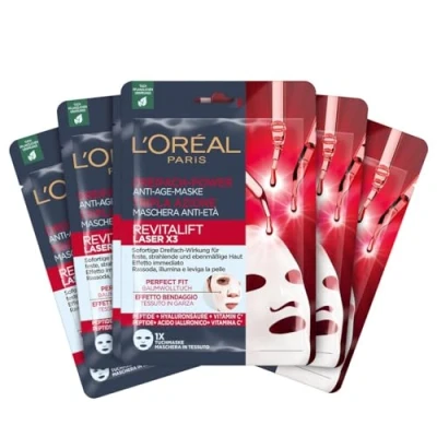 Abbildung von L&#039;Oréal Paris Anti Age Maske für strahlende und ebenmäßige Haut, Mit Peptiden, Hyaluronsäure Vitamin C, Revitalift Laser X3 Tuchmaske, 5 Stück