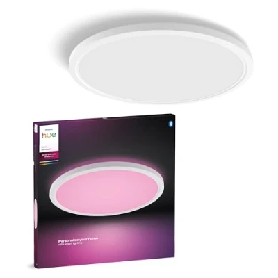 Abbildung von Philips Hue Devote Smart LED Panel Licht, weißes und farbiges Ambiente, rund 43 cm, 23 W, 2900 Lumen, weißer Rahmen für Innenbeleuchtung, Decke, Wohnzimmer, Küche, Flur