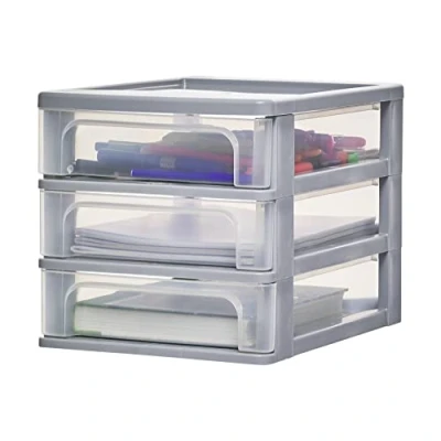 Abbildung von Iris Ohyama, Schreibtisch Organizer mit 3 tiefen Schubladen, Grau, Easy Pull System, A4, A5 &amp; A6 Format, für Büro, Schule, Schreibwaren, BPA frei, Schubladenschrank, OCH 2030