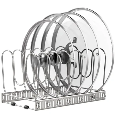 Abbildung von Housolution Pfannenhalter für Schublade, Erweiterbarer Topfdeckelhalter mit 7 Verstellbaren Teiler, Topfdeckel Aufbewahrung Pfannen Organizer Deckelhalter Küche, Silber