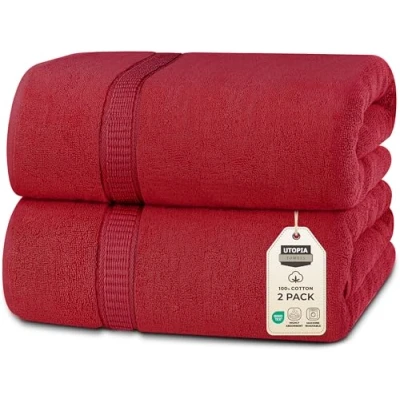 Abbildung von Utopia Towels 2er Badetücher Groß aus Baumwolle mit Aufhänger, Saunatücher,Badehandtücher Groß, Handtücher 90 x 180 cm (Rot)