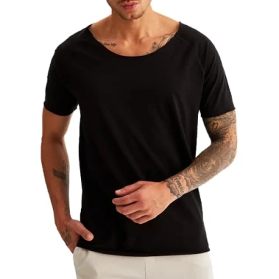 Abbildung von Leif Nelson T Shirt Herren Sommer tiefer Rundhals Ausschnitt (Schwarz, Größe L), Regular Fit 100% Baumwolle, Casual Basic Männer Kurzarm