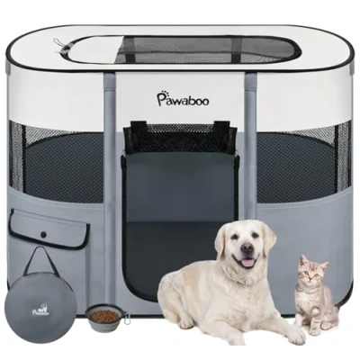 Abbildung von Pawaboo Tragbarer Haustierstall, Faltbarer Hundelaufstall mit Wasserdichtem Oxford, Katzengehege Reisetasche Faltbarem Napf, Indoor Outdoor Gebrauch für Welpe Katze Kaninchen, L, Grau