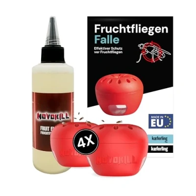 Abbildung von Novokill Fruchtfliegenfalle 4X Fallen + 100ml Lockstoff Wiederverwendbare Schnelle Wirkung Obstfliegenfalle für Küche Effektiv Fruchtfliegen bekämpfen