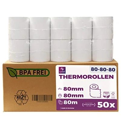 Abbildung von Thermorollen 80mm x 80m 12mm Kassenrollen Bonrollen für Registrierkasse mit Bondrucker Thermopapier BPA Frei (Large 80x80x12 80 Meter 50 Rollen)