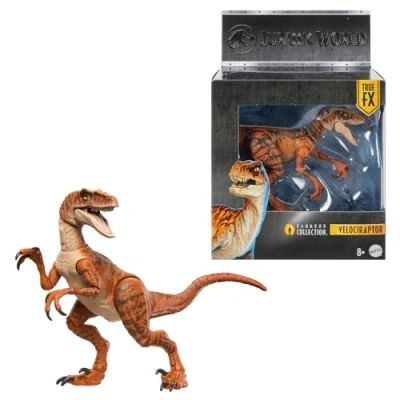 Abbildung von Mattel Jurassic World Hammond Collection mit Menschen und Dinosaurier Actionfigur, Atrociraptor Tiger, Premium Film Design Glasaugen &amp; 13 Gelenkpunkte, JDJ09, [Mehrfarbig]