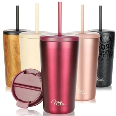 Abbildung von Milu Thermobecher 500ml 100% Auslaufsicher Edelstahl Kaffeebecher to go isoliert mit Strohhalm hält 10h heiß / 20h kalt, BPA frei (Berry, 500ml)