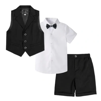 Abbildung von LOLANTA 4 teiliger Kinder Freizeit Anzug Set, Jungen Sommer Festlich Hochzeitsanzug, Kurzarm Hemd, Fliege, Weste, Kurze Hose, Schwarz, 6 7 Jahre, 140