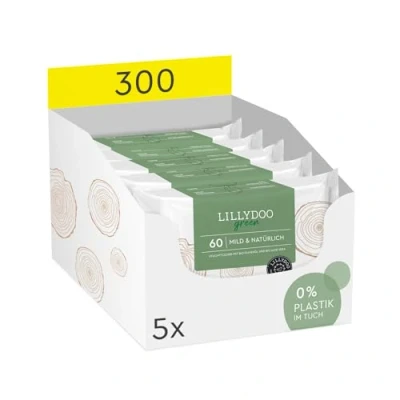 Abbildung von LILLYDOO green Natürliche Feuchttücher, 300 Stück (5 x 60), 100% plastikfreies Tuch, ohne Parfüme