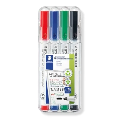 Abbildung von STAEDTLER Whiteboard Marker Lumocolor compact, trocken und rückstandsfrei abwischbar von Whiteboards, Universalspitze ca. 1 2 mm Linienbreite, hohe Qualität, Set mit 4 Farben, 341 WP4