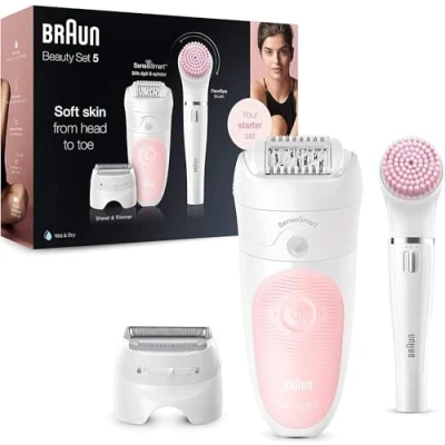 Abbildung von Braun Silk épil 5 Beauty Set, Epilierer Damen / Haarentferner, Aufsätze für Rasierer, Peeling, Reinigung Gesicht und Körper, Tasche, 895, weiß/flamingo