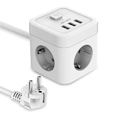 Abbildung von JSVER Steckdosenleiste 3 Fach mit USB, Würfel Mehrfachsteckdose(3680W 16A) USB Schreibtisch Ladegerät (15,5W) Steckdosen Schalter für Zuhause Büro,1.5m Kabel Weiß