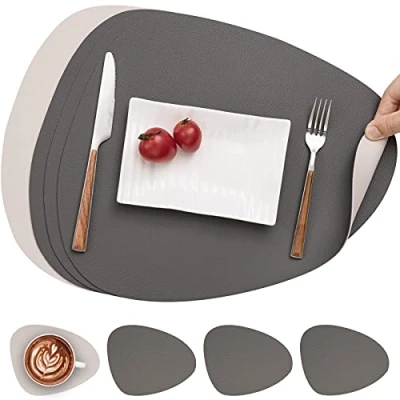 Abbildung von Myir JUN Tischsets Leder und Untersetzer, Abwaschbar Rund Doppelseitigen rutschfest Platzdeckchen Kunstleder Tischset Lederoptik Platzset (Grau Beige, Satz von 4)