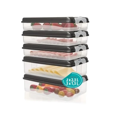 Abbildung von Hausfelder Aufschnittdosen für Kühlschrank, Aufschnittbox stapelbar, Kühlschrank Organizer mit Deckel (5 Anthrazit Aufschnittboxen: 3x flach, 2x hoch)