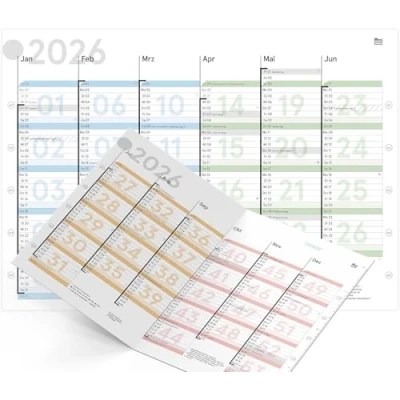 Abbildung von weekview Tafelkalender 2026 KW optimiert A4 &quot;farbig&quot; gefalzt, Tafelplaner mit Ferien &amp; Feiertagen, Jahreskalender, Wandkalender DIN 12 Monate klarer Kalenderwoche