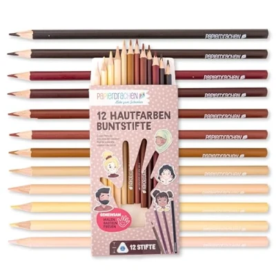 Abbildung von Papierdrachen 12 Buntstifte Hautfarben satte Farben Set Holz dreieckig bruchsicher Schule Kindergarten Malen Kinder