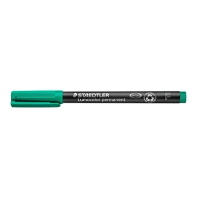 Abbildung von STAEDTLER permanent Marker Lumocolor, grün, F Spitze Linienbreite ca. 0,6 mm, wisch und wasserfest, Made in Germany, nachfüllbar, lange Lebensdauer, 10 grüne Universalstifte im Kartonetui, 318 5