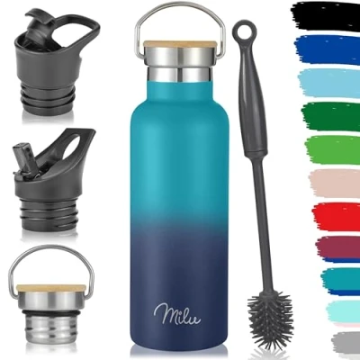 Abbildung von Milu Edelstahl Trinkflasche 500ml, 750ml, 1000ml (+3 Deckel) Thermosflasche mit Strohhalm, Isolierte Wasserflasche, Auslaufsichere Isolierflasche doppelwandig, Kohlensäure geeignet (Grün Blau, 0,5L)