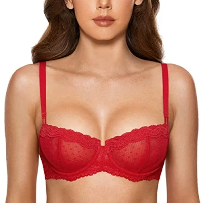 Abbildung von DOBREVA Balconette BH Damen mit Bügel Push Up Dirndl Spitze BHS Sexy Grosse Grössen Ungefüttert Lippenstift Rot 80C