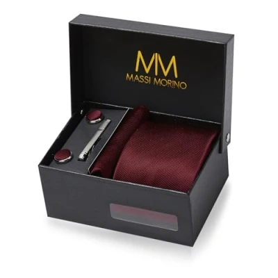 Abbildung von Massi Morino Krawatte Weinrot mit Einstecktuch Set Herren inkl. Manschettenknöpfe, Krawattennadel und Geschenkbox Männer Krawattenset