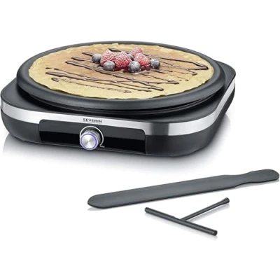 Abbildung von SEVERIN Crêpes Maker, Crepeseisen für süße Crepes und herzhafte Galettes, Crepesmaker mit abnehmbarer XXL Grillplatte (38 cm), ca. 1.500 W, Edelstahl gebürstet/schwarz, CM 2199