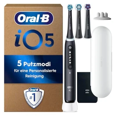 Abbildung von Oral B iO Series 5 PLUS Edition Elektrische Zahnbürste/Electric Toothbrush, 3 Aufsteckbürsten, Putzmodi für Zahnpflege, Reiseetui, Designed by Braun, matt black