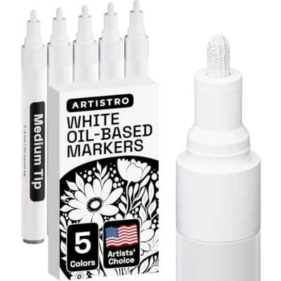 Abbildung von Artistro 5 Permanent Oil Based Paint Markers Sets of Fine and Medium Tip for Wood, Stone, Fabric, Glass, Ceramic, Metal, Plastic Quick Drying, Waterproof, Permanent, White