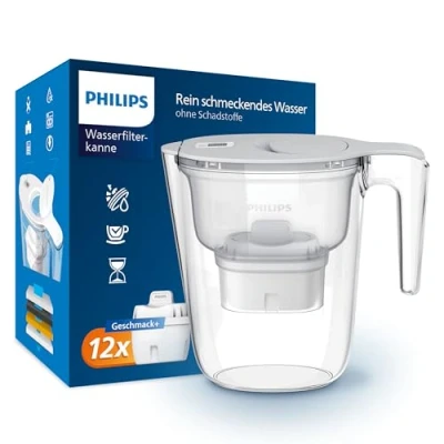 Abbildung von Philips Wasserfilterkanne +12 Micro X Clean Ersatzfilterkartuschen, schneller Durchfluss, Weiß, 2,6 Liter, elektronischer Timer