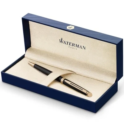 Abbildung von Waterman Hémisphère Kugelschreiber Mattschwarz mit Zierteile aus 23 K Gold Mittlere Spitze Blaue Tinte Geschenkbox