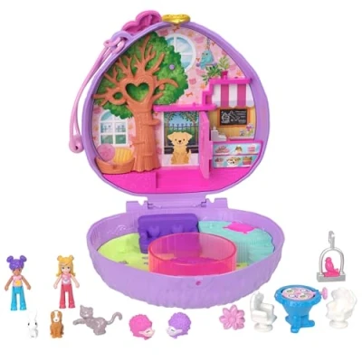 Abbildung von Polly Pocket Igel Café Schatulle Spielset mit 2 Puppen, 12 Accessoires und 9 Tieren, drehendes Rad, aufhängbarer Vogelkäfig versteckte Snacks, für Kinder ab 4 Jahren, HRD37
