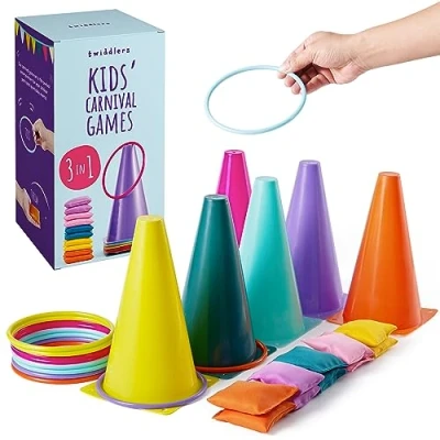 Abbildung von THE TWIDDLERS 3 in 1 Kinderparty Wurfspiele Ringwurfspiel, Kegel &amp; Sandsäcke Schule, Kindergeburtstag, Drinnen Draußen