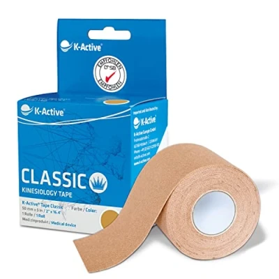 Abbildung von K Active Tape Classic Kinesiotapes super hautverträglich wasserfest Kinesiologie für Sport &amp; Therapie, extra langer Halt [5cmx5m] beige