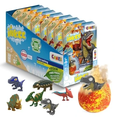 Abbildung von INKEE Surprise Dino 8er Set Badekugeln Kinder mit Überraschung, 8x Ei Form Badebomben Dinosaurier Figuren, Pfirsich Eistee Aroma