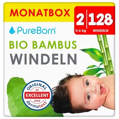 Abbildung von PureBorn Eco Bio Bambus Windeln, Größe 2 (3 6 kg), 128 Stück, Umweltfreundlich, Hypoallergen, Ultraweich, mit Nässeindikator, Diverser Aufdruck