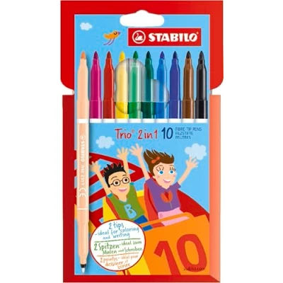 Abbildung von Filzstift und Fineliner in einem STABILO Trio 2 1 10er Pack mit 10 verschiedenen Farben