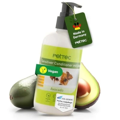 Abbildung von PetTec® Conditioner für Hunde mit Avocadoöl Essenz 250ml Pumpflasche Hundeconditioner pH neutral (7) alle Hunderassen Fellpflege Hund Paraben , Silikon &amp; Duftstofffrei Spülung Fell vegan