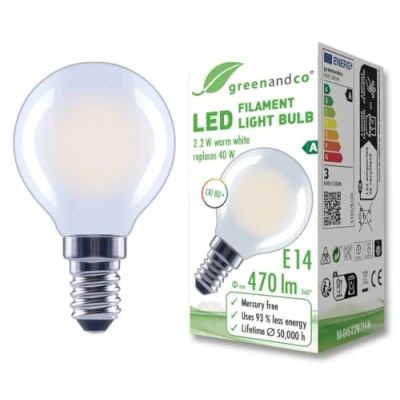 Abbildung von greenandco Glühfaden LED Lampe matt E14 G45 2,2W 470lm ersetzt 40W 2700K warmweiß 320 230V flimmerfrei Energieeffizienzklasse A nicht dimmbar