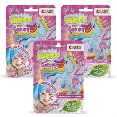 Abbildung von INKEE Gesichtsmaske Kinder GALUPY UNICORN 3er Pack 3x Beauty Tuchmasken mit Fruchtgummi Aroma, Calendula und Kamille Extrakte Feuchtigkeitsmaske Gesicht für Mädchen