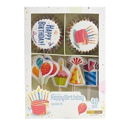 Abbildung von DECOCINO Muffin Set Happy Birthday 48 tlg. 24 Cupcake Förmchen mit Ø 5 cm &amp; Topper aus Papier, ideale Deko für Kinder Geburtstage