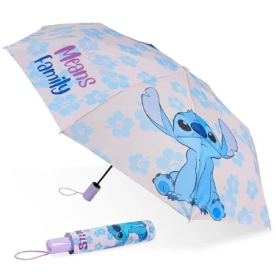 Abbildung von Disney Regenschirm Kinder, Leichter Taschenschirm Faltbar Automatik Stitch Sachen (Lila Stitch)
